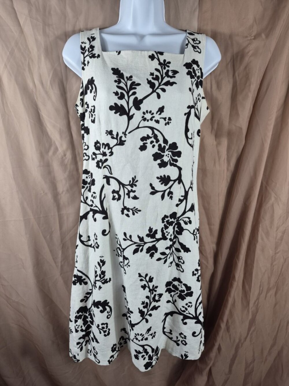 Dressbarn Women's White w/Black Botanicals Linen Blend Summer Mini Dress Size 8